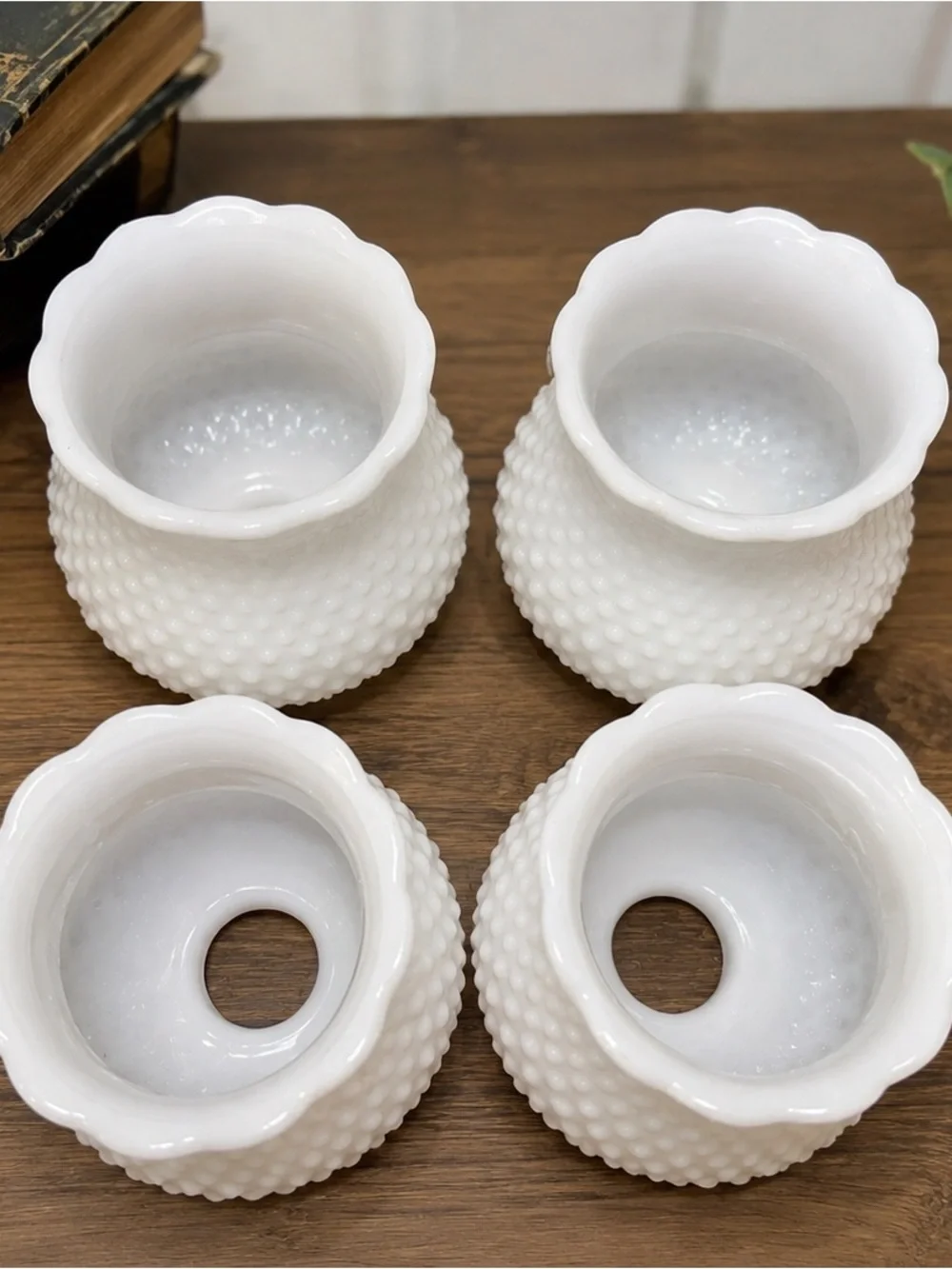 Set of 4 Vintage White Milk Glass Hobnail Lamp Shades Globes Scalloped Rim